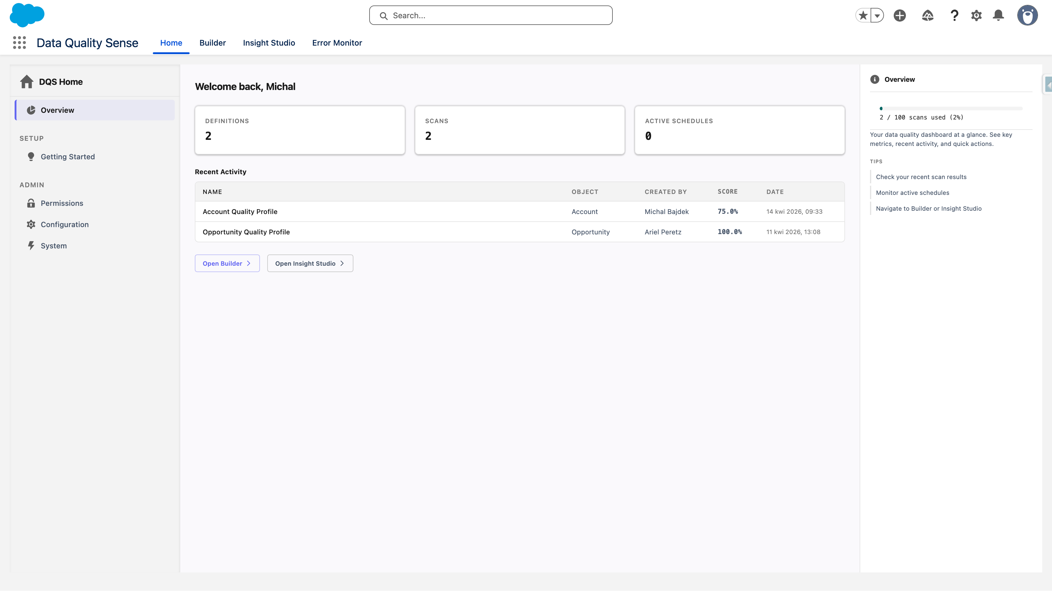 DQS home dashboard