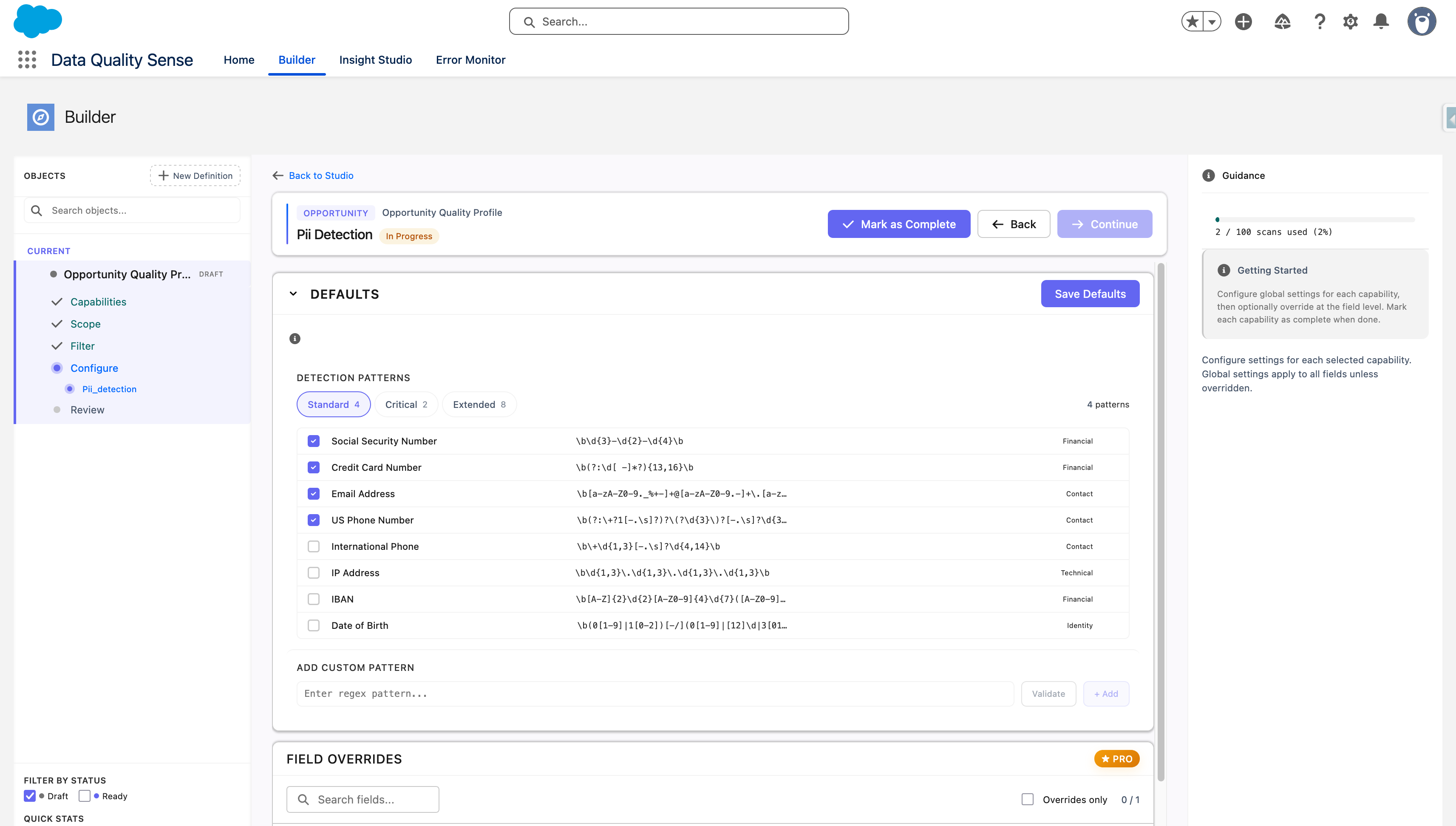 PII detection results